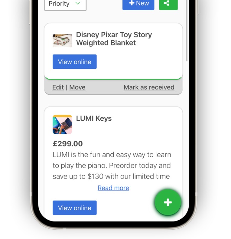 Sharing a wish list with friends and family on a mobile phone