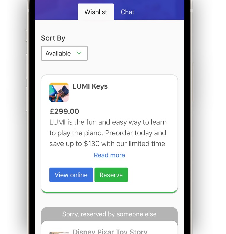 Purchasing and reserving gifts on the web application