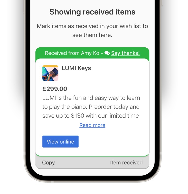 Sharing a wish list with friends and family on a mobile phone